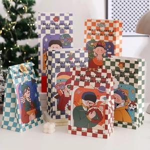 Famous Painting Christmas Gift Bags With Seal Stickers White Kraft Paper Checkered Handheld Candy Bags For Xmas Holiday Party