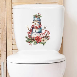 Christmas snowman floral toilet lid sticker on white ceramic tank for home holiday decor