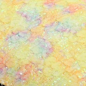 Macro detail of rainbow gradient sequin fabric with glitter finish on lace makeup bag