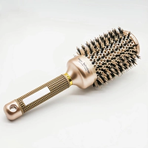 Golden nano ceramic ionic round hair brush with professional boar bristles and non-slip handle