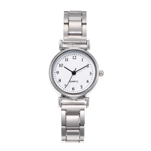 Minimalist silver women quartz watch with white round dial and metallic strap on white background