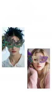 Detail of masquerade mask featuring peacock feathers, intricate lace, and sparkling rhinestones