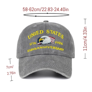 250th Anniversary Eagle Baseball Cap in washed grey with size measurements display