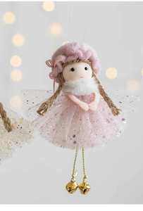 Detailed view of pink Christmas angel ornament with sequin mesh skirt and bell