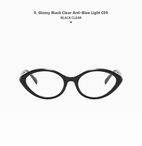 Detailed front view of black cat-eye frames with clear anti-blue light lenses and C09 model