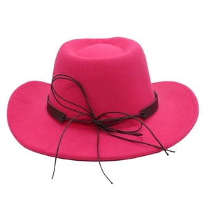 Detail of rose red felt boater hat featuring a stylish black cord ribbon and bow