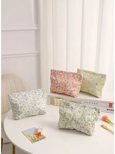 Floral Print Cosmetic Bag Large Capacity Cotton Canvas Makeup Storage Pouch Travel Toiletry Wash Organizer For Women