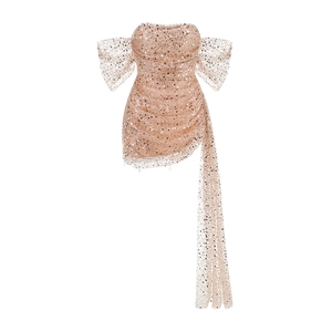Detail of rose gold sequin off-shoulder dress with elegant side ribbon draping