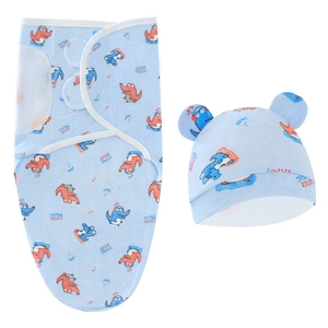 Close-up of light blue baby swaddle and hat set with cartoon crocodile music pattern