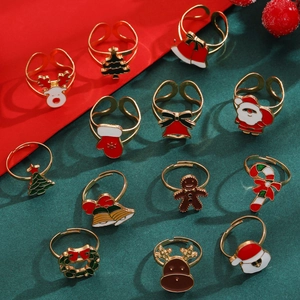 6-piece set of adjustable Christmas theme rings with colorful enamel reindeer and tree