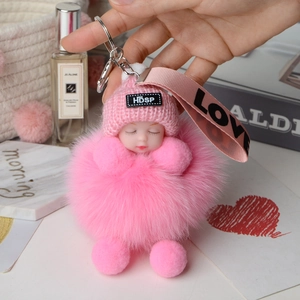Pink sleeping doll plush fur pompom keychain with knitted hat and metal buckle clip