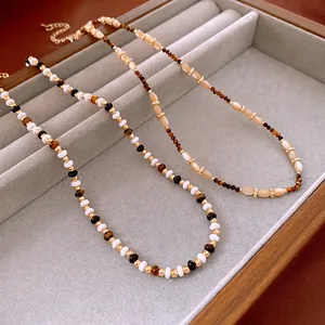 Vintage floral tiger eye beaded necklace with gold accents and lobster clasp in jewelry box