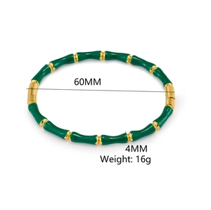 Bamboo-style gold and green enamel stainless steel cuff bracelet, 60mm inner diameter