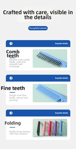 Detail view of foldable travel hair comb featuring dual-tooth design and 180-degree rotation