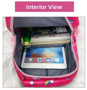 Interior view of the pink unicorn backpack showing large capacity for tablets and books