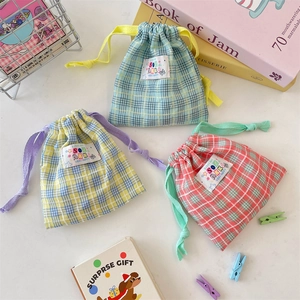 Contrast Plaid Drawstring Storage Bag Polyester Fabric Woven Label Makeup Pouch Travel Lipstick Jewelry Organizer For Women