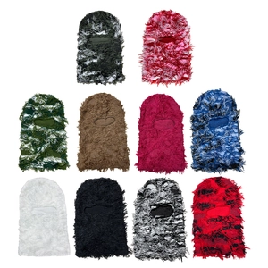 Detailed grid showing distressed knitted balaclavas in various camouflage and solid colors