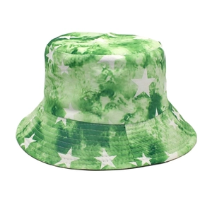 Close-up of green tie-dye bucket hat with white star patterns and premium cotton stitching