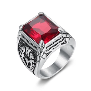 Retro punk stainless steel men's ring with rectangle red gemstone and tulip carvings