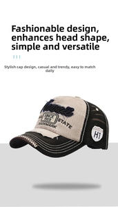 Detail of distressed baseball cap with Hawaii embroidery and vintage washed denim texture