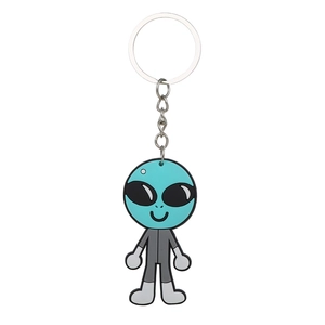 Cute cartoon astronaut alien keychain with blue head and grey body on metal ring