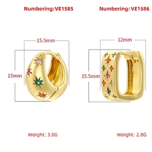 Gold eight-pointed star hoop earrings with colorful zircon stones and dimensions
