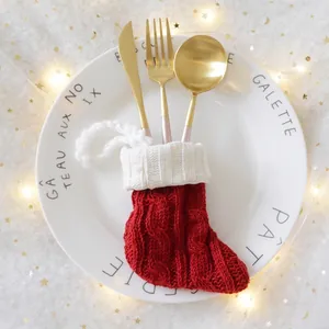 Christmas knitted cable-stitch sock tableware holder in festive red and white patterns
