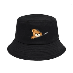 Cartoon Bear Zipper Print Bucket Hat 100% Cotton Canvas Sun Protection Retro Fisherman Cap For Outdoor Streetwear Unisex