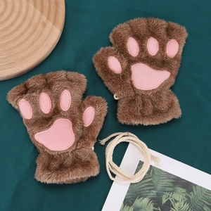 Cute brown plush cat paw fingerless gloves with pink pads and a white hanging string