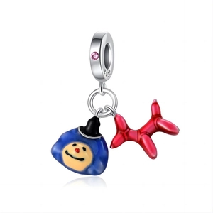 Detailed view of S925 silver charm with red balloon dog and blue clown design