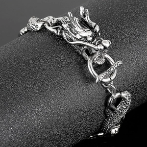 Bracelet pour homme en acier inoxydable avec tête de dragon rétro et finition argent antique