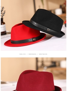Detail of wool jazz hats with leather bands and M metal buckle in black and burgundy
