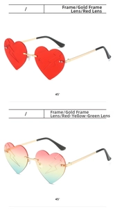 Detail of heart-shaped rimless sunglasses with lightning patterns and gold metal temples