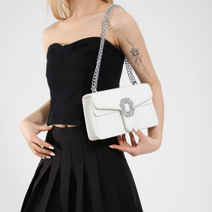 White crocodile pattern shoulder bag with silver chain strap and crystal buckle decoration