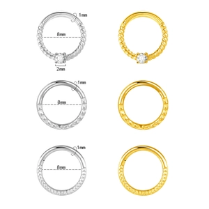 Set of 1mm stainless steel nose rings with heart and twist textures in gold and silver
