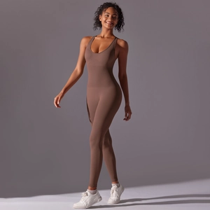 Close-up of seamless one-piece yoga jumpsuit with ribbed texture and brown back detail
