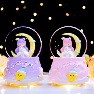 Luminous crystal ball music box with moon girl figurine and glowing wooden base