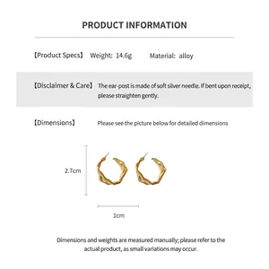 Detailed technical diagram of irregular gold hoop earrings with dimensions and specs