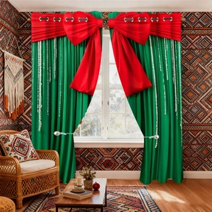 Detailed view of Christmas curtains with red bows and white hanging pearl patterns