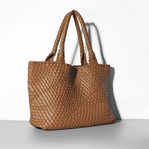 Brown woven leather tote bag with thick strap design for women's fashion and beach use