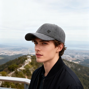 Men's winter baseball cap with ear flaps and warm fleece lining in dark grey textured fabric