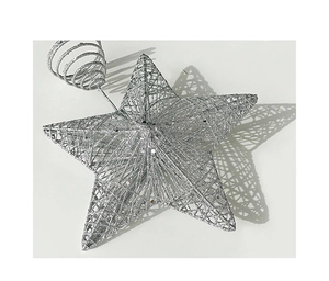 Detailed close-up of a silver glittery wire Christmas tree topper star with spiral base