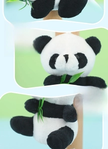 Macro detail of plush panda keychain showing soft fur texture and green bamboo leaf deco