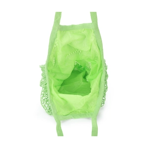 Detailed close-up of green mesh tote bag with inner fabric lining and woven handles