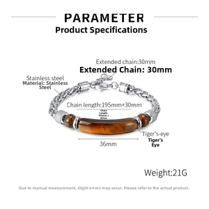 Detailed specs of stainless steel tiger eye bracelet with 195mm length and 21g weight