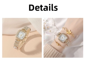 Detail of luxury gold square watch set with rhinestones and matching clover bracelets