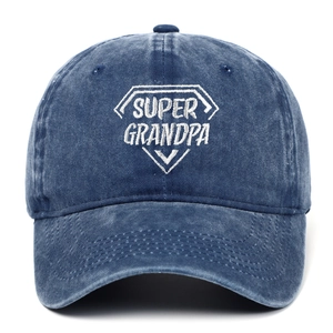 Detail of SUPER GRANDPA white embroidery on vintage navy blue washed denim baseball cap