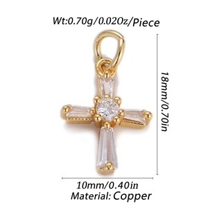 Detail view of 18mm gold plated cross pendant with clear stones and size dimensions