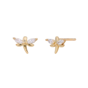 Detailed view of S925 hallmark on gold dragonfly stud earrings with zircon wings