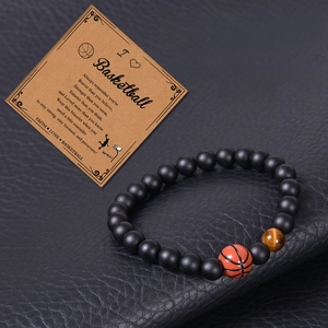 8mm tiger eye and matte stone basketball charm beaded bracelet with motivation card